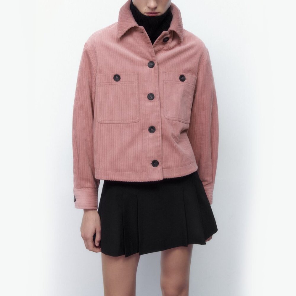 NEW Zara Dusty Pink Corduroy Long Sleeve Overshirt Size L